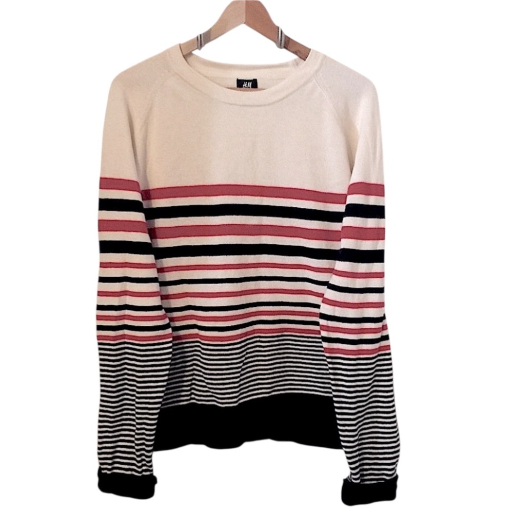H&M Red Cream & Navy Blue Striped Lightweight Long Sleeve Crew Neck Sweater XL